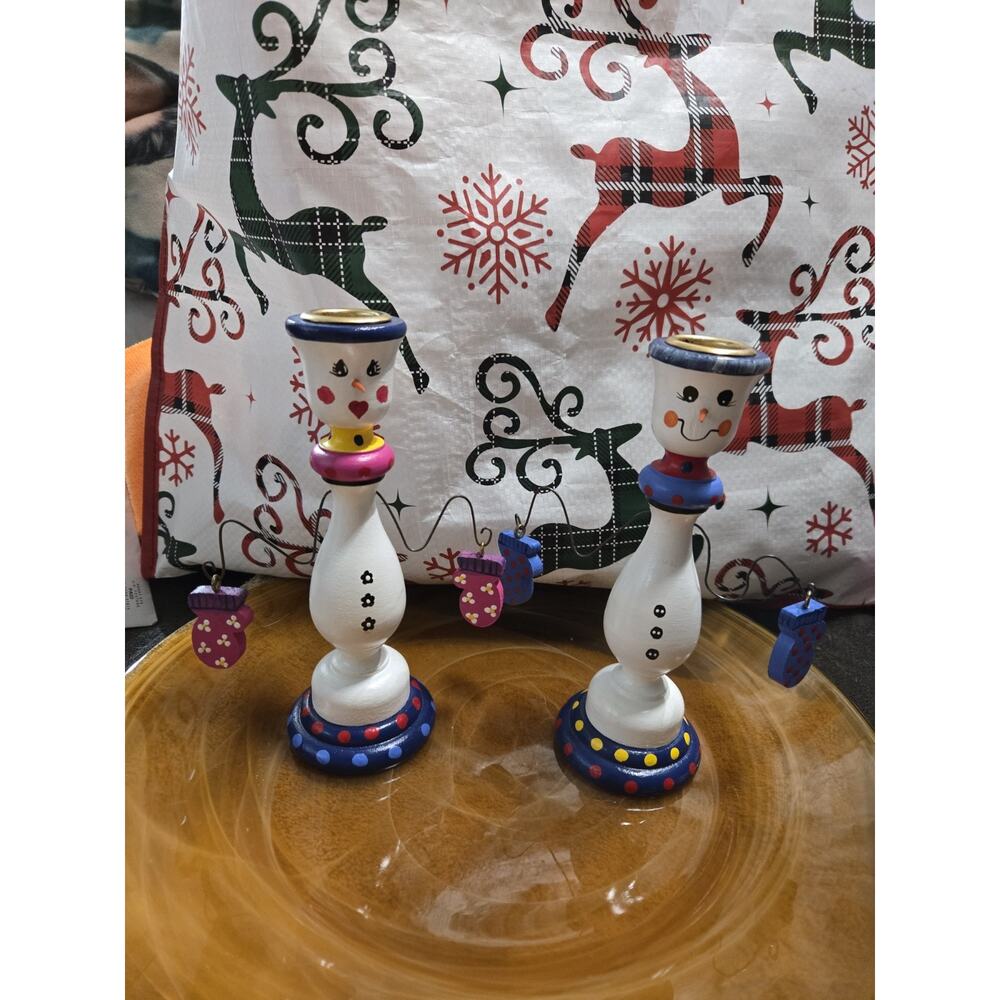 Handmade Wooden Snowman Candle Holders Signed Chris S. 2000 Folk Art Pair